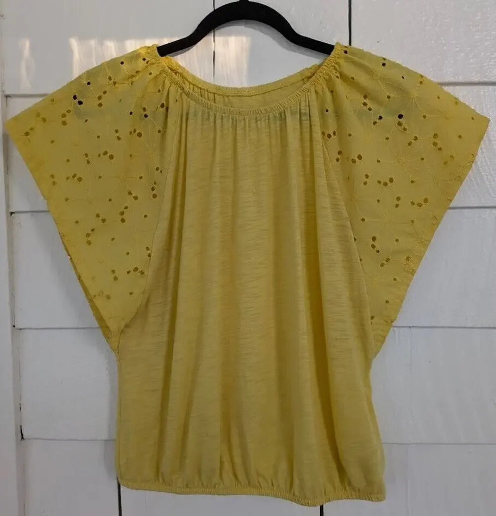 Old Navy Girls Size XL - 14 Flutter Sleeve Embroidered Eyelet Sleeves Top Yellow